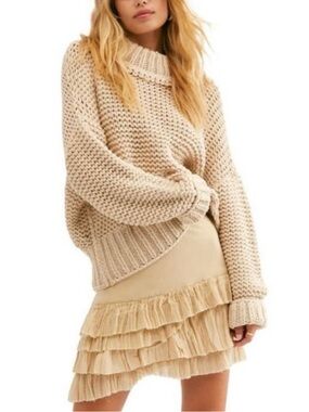 Free People My Only Sunshine Sweater Womens XS Beige Chunky Knit Mock Neck Crop